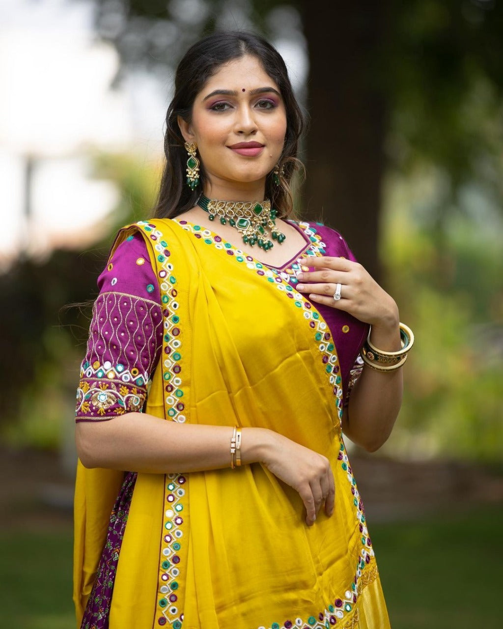 Yellow Purple Chinon Silk Mirror Work Lehenga Choli Set