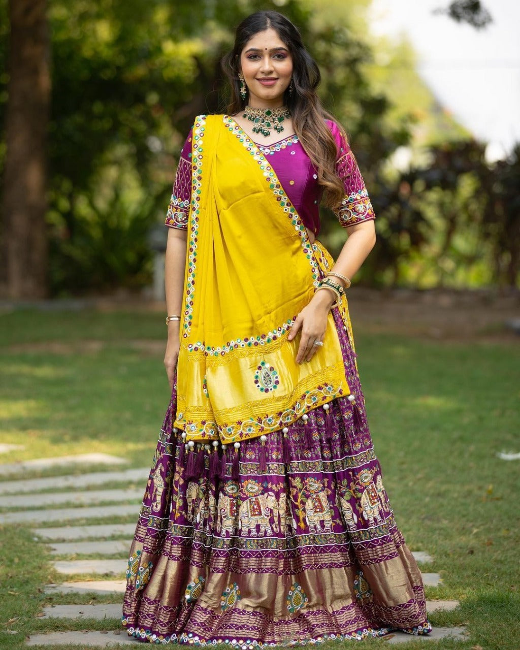 Yellow Purple Chinon Silk Mirror Work Lehenga Choli Set for Women