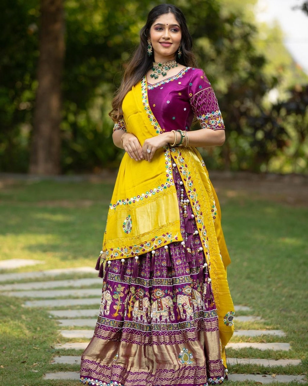 Yellow Purple Chinon Silk Mirror Work Lehenga Choli Set for Women