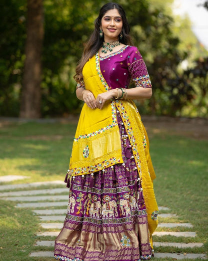 Yellow Purple Chinon Silk Mirror Work Lehenga Choli Set for Women