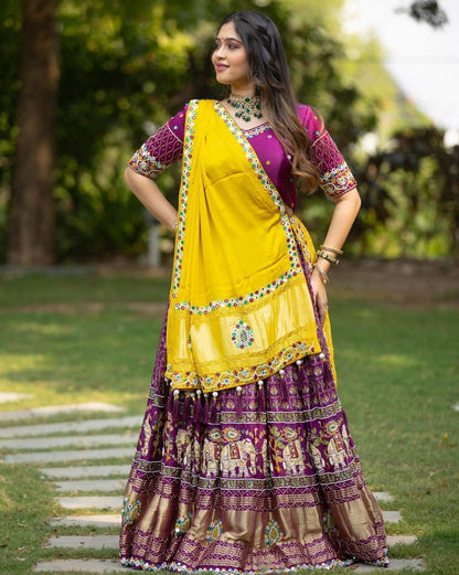 Yellow Purple Chinon Silk Mirror Work Lehenga Choli Set for Women