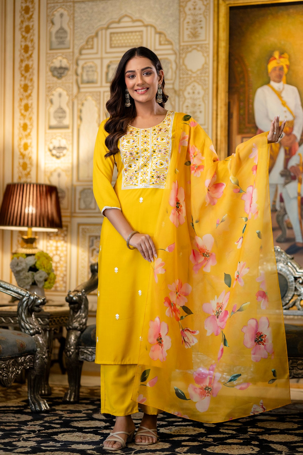 Yellow Rayon Kurta Set with Floral Organza Dupatta for Women