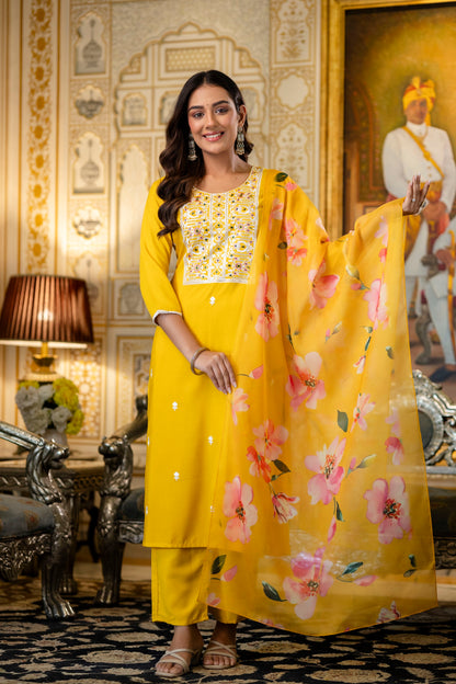 Yellow Rayon Kurta Set with Floral Organza Dupatta for Women