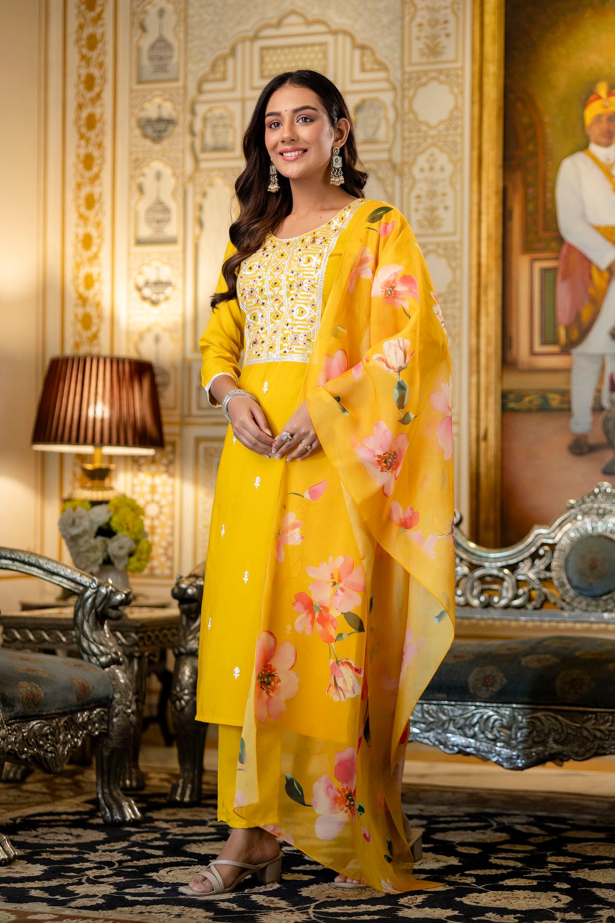 Yellow Rayon Kurta Set with Floral Organza Dupatta for Women