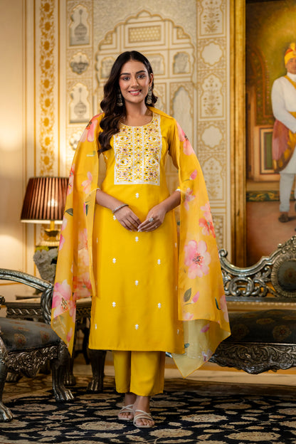 Yellow Rayon Kurta Set with Floral Organza Dupatta for Women