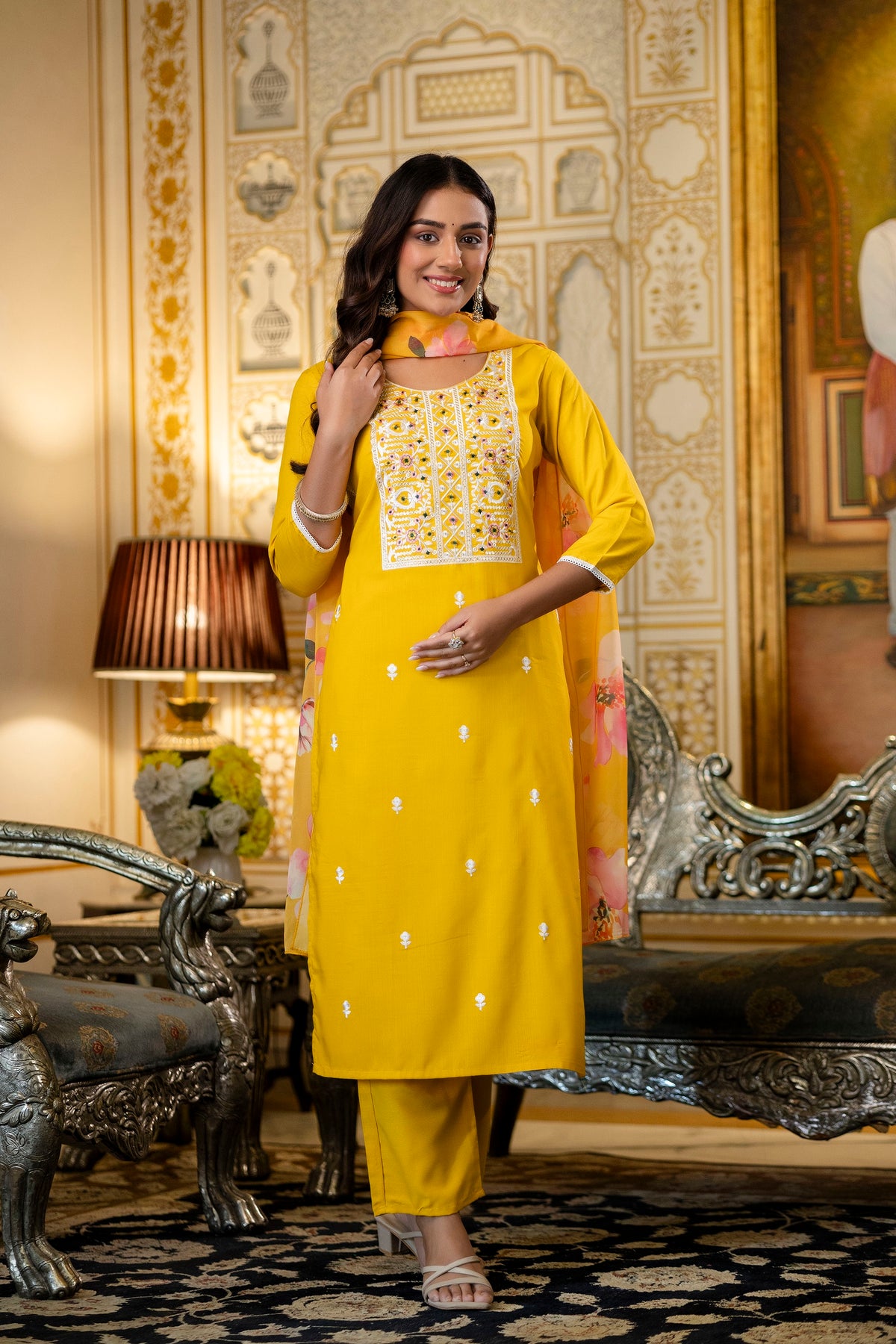 Yellow Rayon Kurta Set with Floral Organza Dupatta for Women