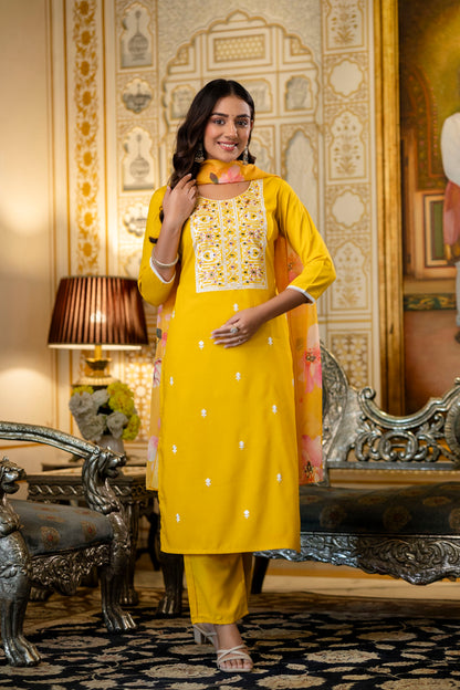 Yellow Rayon Kurta Set with Floral Organza Dupatta for Women