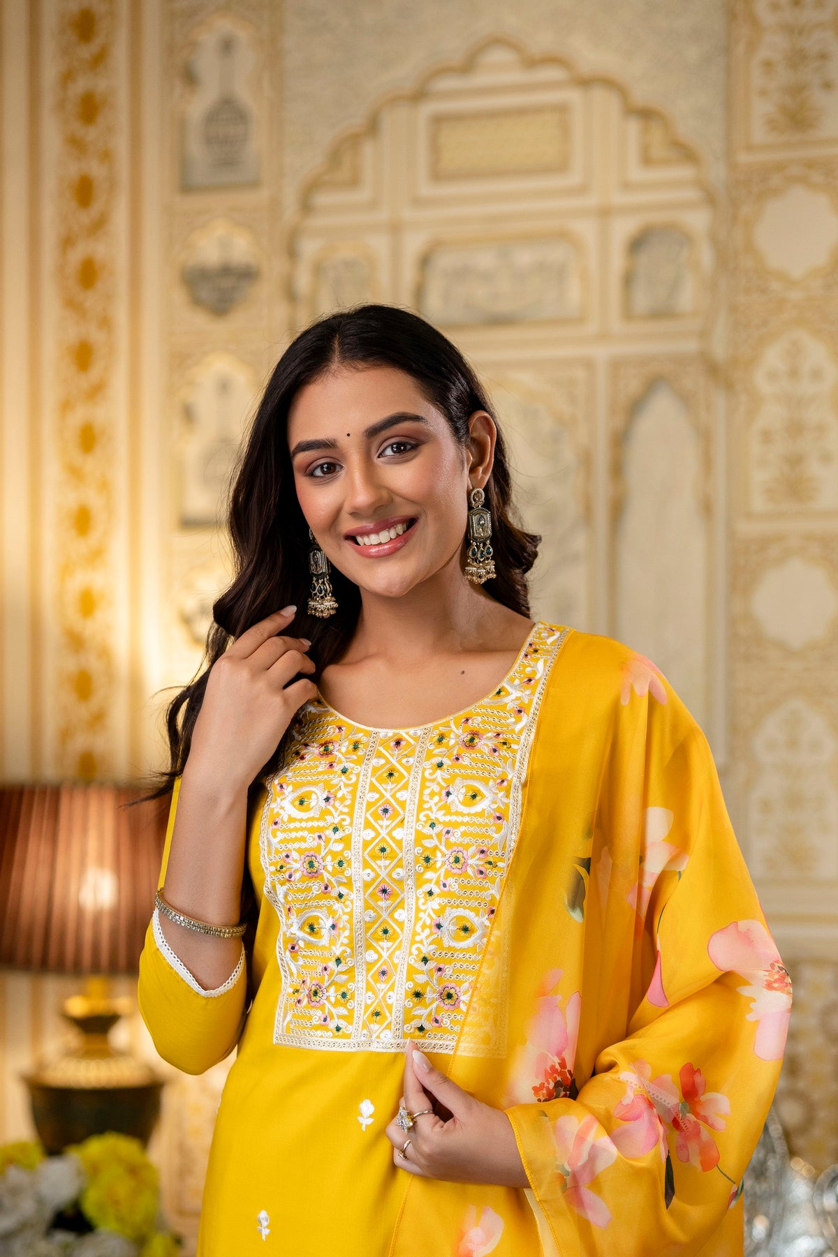 Yellow Rayon Kurta Set with Floral Organza Dupatta for Women