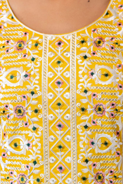 Yellow Rayon Kurta Set with Floral Organza Dupatta for Women