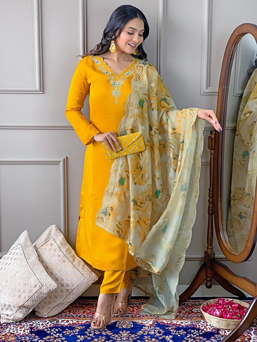 Yellow Readymade Chanderi Embroidered Salwar Suit for Women
