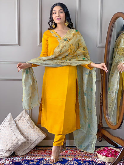 Yellow Readymade Chanderi Embroidered Salwar Suit for Women