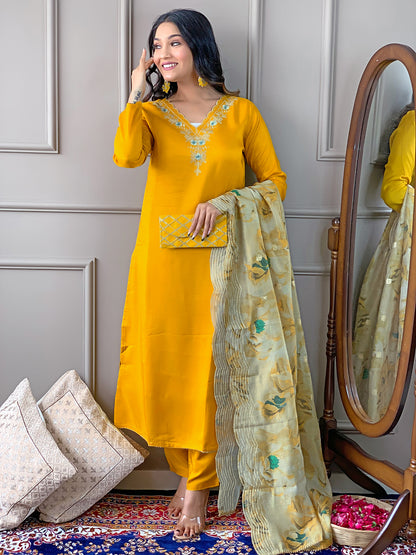 Yellow Readymade Chanderi Embroidered Salwar Suit for Women