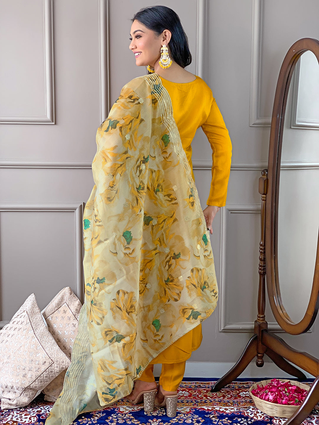 Yellow Readymade Chanderi Embroidered Salwar Suit for Women