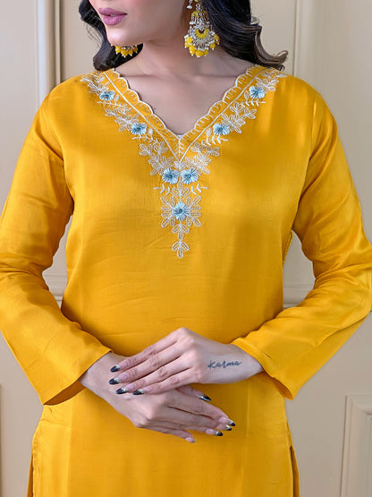 Yellow Readymade Chanderi Embroidered Salwar Suit for Women