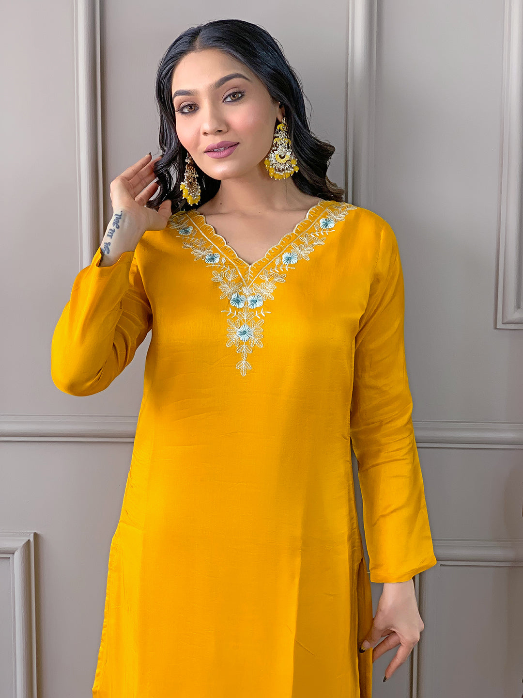 Yellow Readymade Chanderi Embroidered Salwar Suit for Women