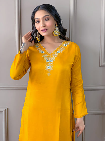Yellow Readymade Chanderi Embroidered Salwar Suit for Women