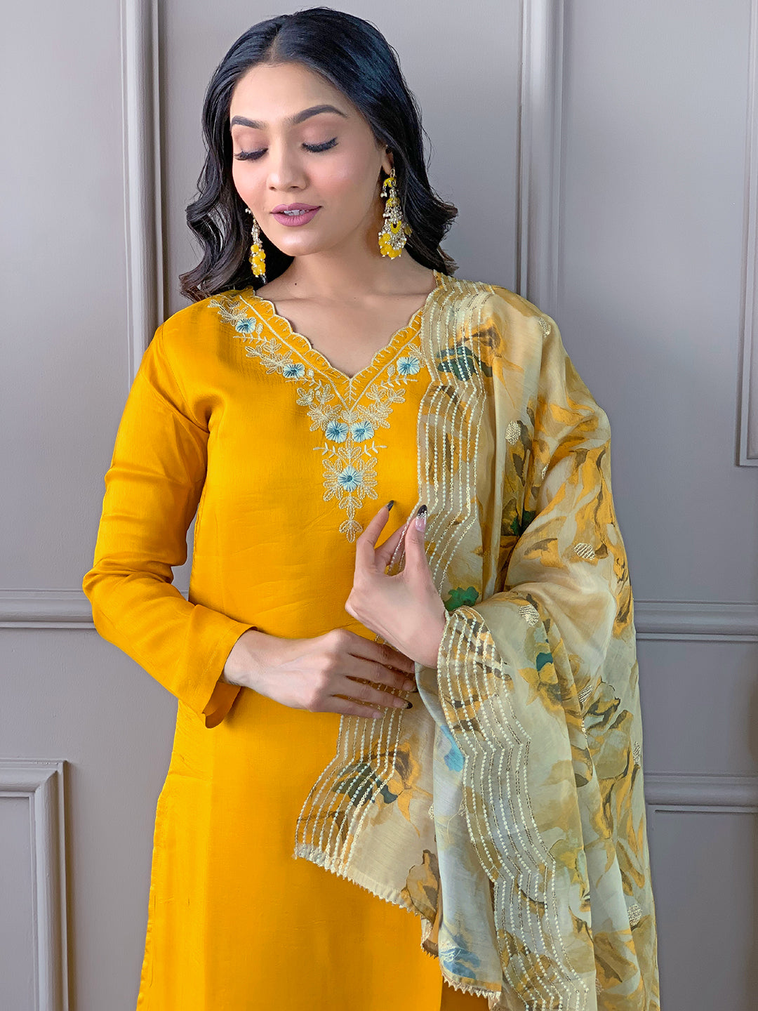 Yellow Readymade Chanderi Embroidered Salwar Suit for Women