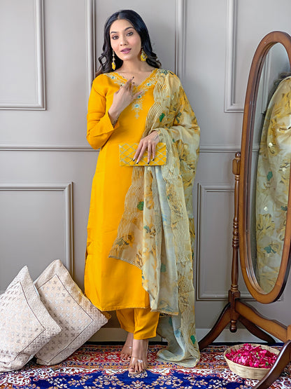 Yellow Readymade Chanderi Embroidered Salwar Suit for Women