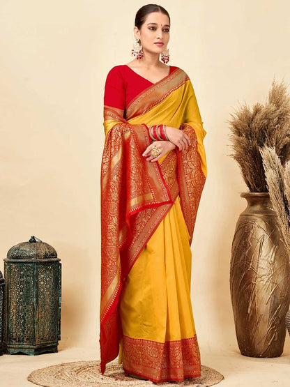 Elegant Yellow Silk Saree with Traditional Red Weave for Women