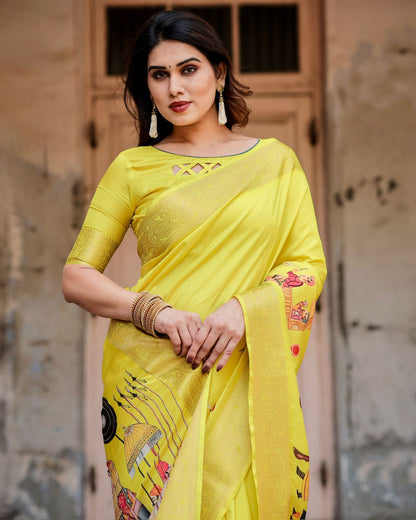 Yellow Heritage Digital Print Silk Saree with Zari Border &amp; for Women