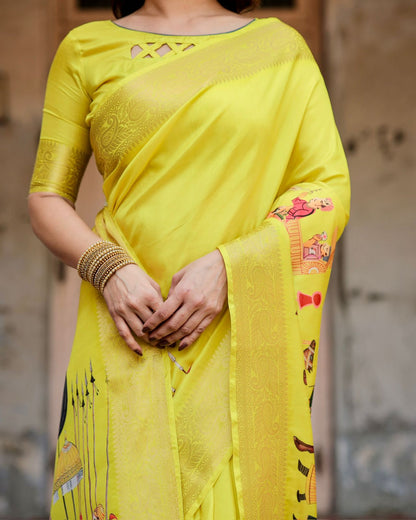 Yellow Heritage Digital Print Silk Saree with Zari Border &amp; for Women