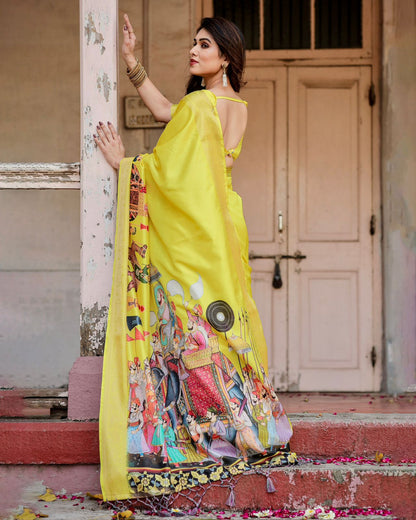 Yellow Heritage Digital Print Silk Saree with Zari Border &amp; for Women