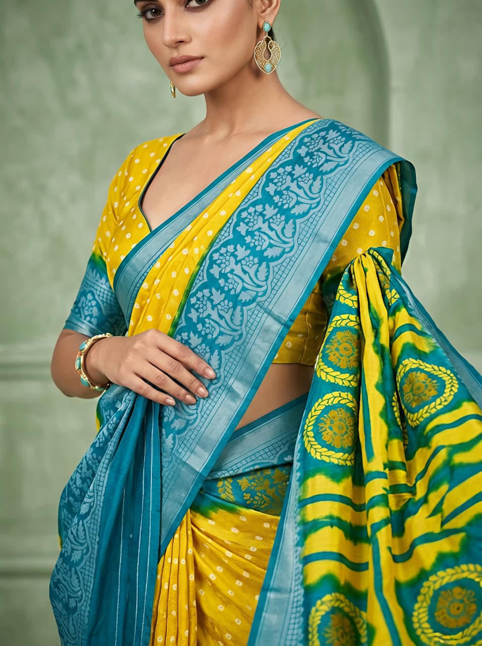 Yellow Teal Heritage Designer Saree for Women