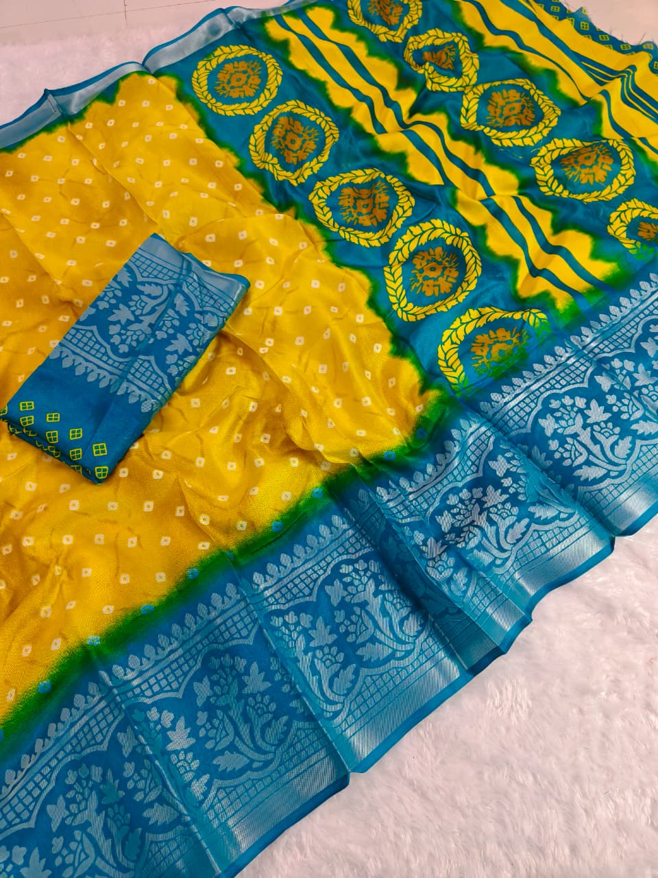 Yellow Teal Heritage Designer Saree for Women