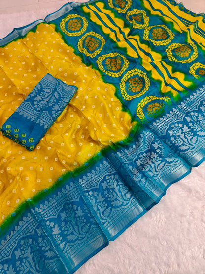 Yellow Teal Heritage Designer Saree for Women