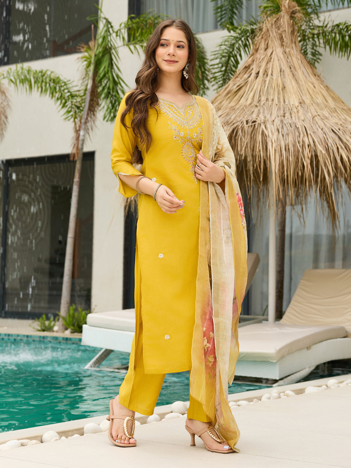 Yellow Threadwork Readymade Salwar Suit for Women