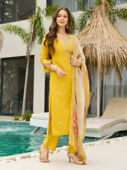 Yellow Threadwork Readymade Salwar Suit for Women
