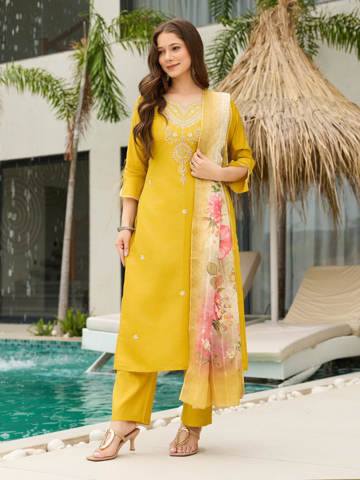 Yellow Threadwork Readymade Salwar Suit for Women