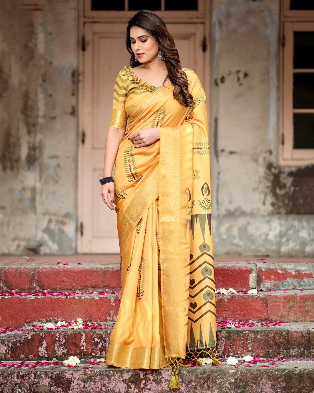 Golden Yellow Tussar Silk Printed Saree with Blouse for Women