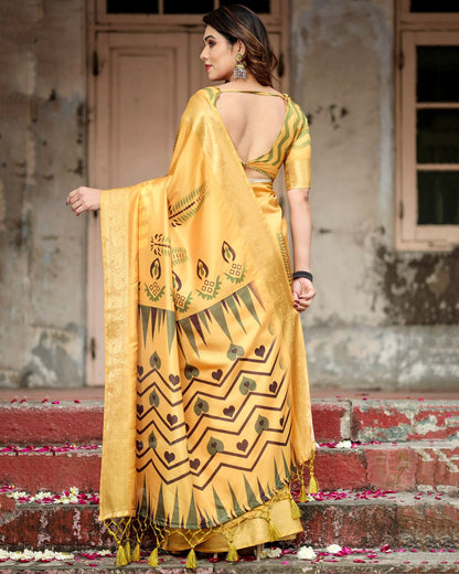 Golden Yellow Tussar Silk Printed Saree with Blouse for Women